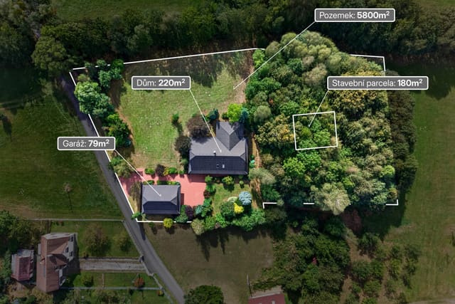 Pozemek, dům a garáž s vyznačenými plochami